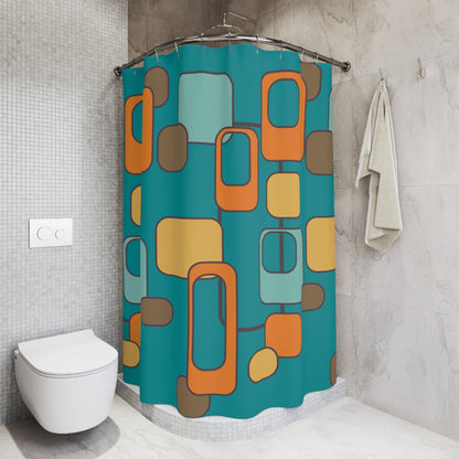 Mid Century Modern Geometric, Teal, Orange, Mustard Yellow, Retro MCM Shower Curtain Home Decor 71&quot; × 74&quot;