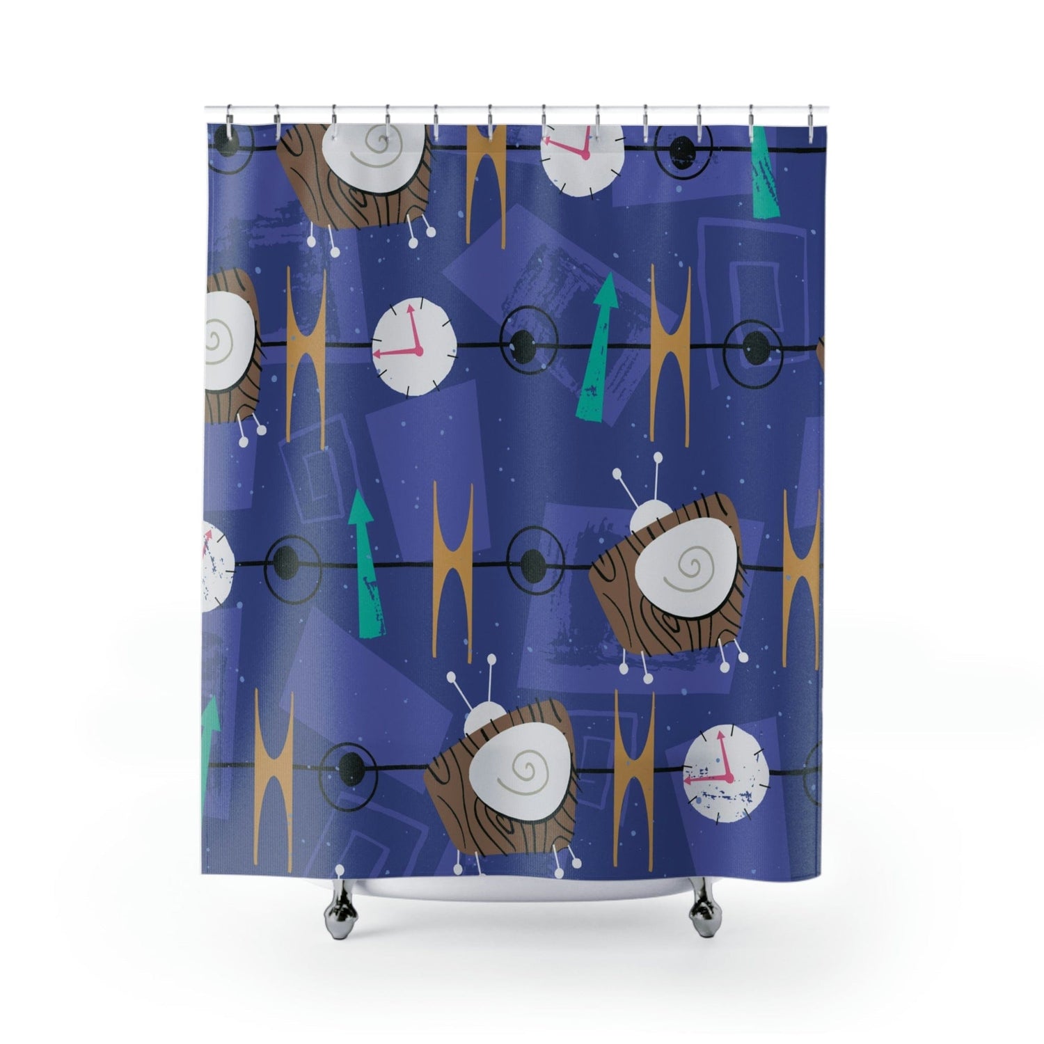 Mid Century Modern Kitschy Fun, Purple, Retro TV, Abstract Funky Modern Shower Curtain Home Decor 71&quot; × 74&quot;