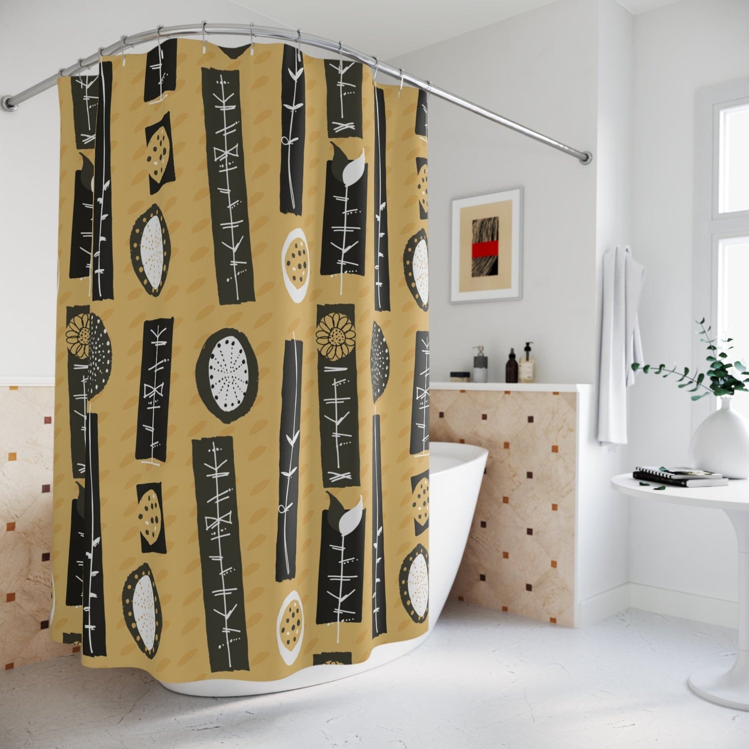 Mid Century Modern Mustard Yellow, Abstract Mid Modernist Shower Curtain Home Decor 71&quot; × 74&quot;