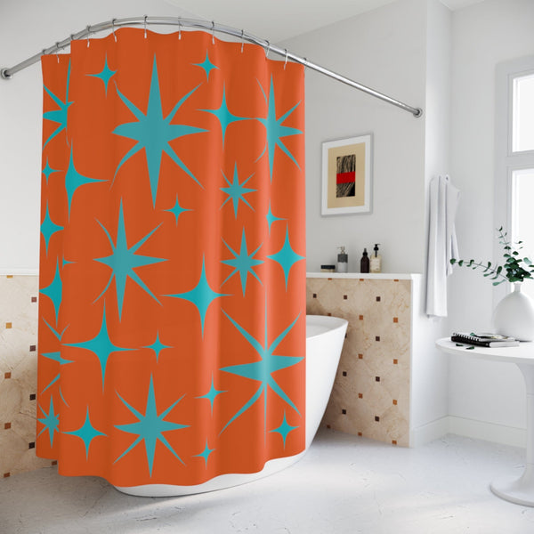Mid Century Modern Shower Curtain, Bold Orange, Aqua Blue Starburst Shower Curtain