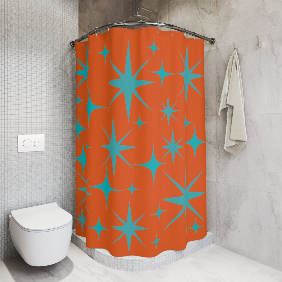 Mid Century Modern Shower Curtain, Bold Orange, Aqua Blue Starburst Shower Curtain Home Decor 71&quot; × 74&quot;