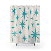 Mid Century Modern Shower Curtain, Creamy Vanilla, Aqua Blue Starburst Home Decor 71" × 74"