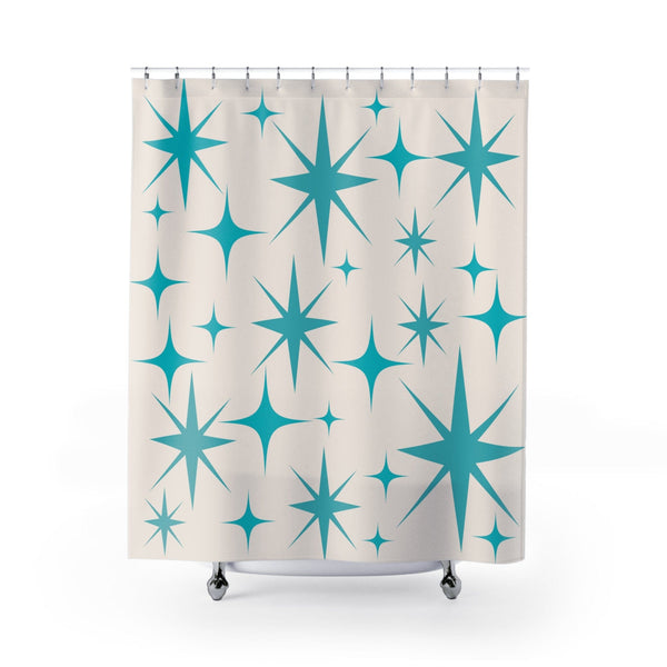 Mid Century Modern Shower Curtain, Creamy Vanilla, Aqua Blue Starburst
