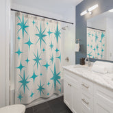 Mid Century Modern Shower Curtain, Creamy Vanilla, Aqua Blue Starburst Home Decor 71" × 74" Mid Century Modern Gal