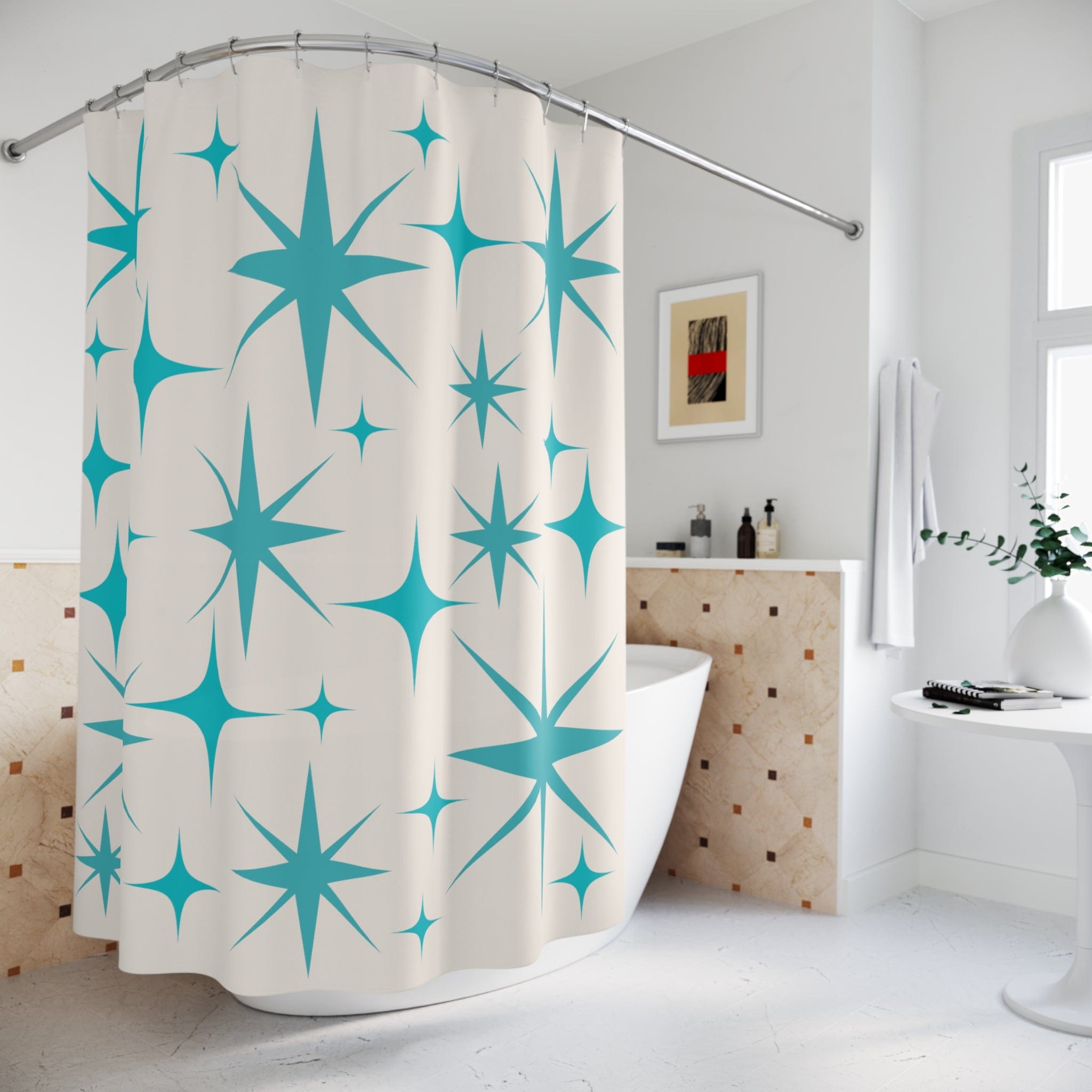 Mid Century Modern Shower Curtain, Creamy Vanilla, Aqua Blue Starburst Home Decor 71&quot; × 74&quot;