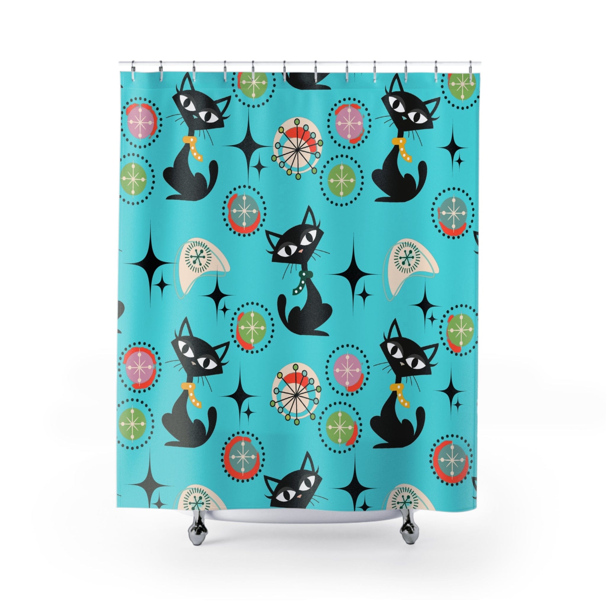 Mid Century Modern Shower Curtain, Cute Atomic Kitsch Cats, Cat Mom, Black Cat Lover Retro Aqua Starburst Bath Decor Home Decor 71&quot; × 74&quot;