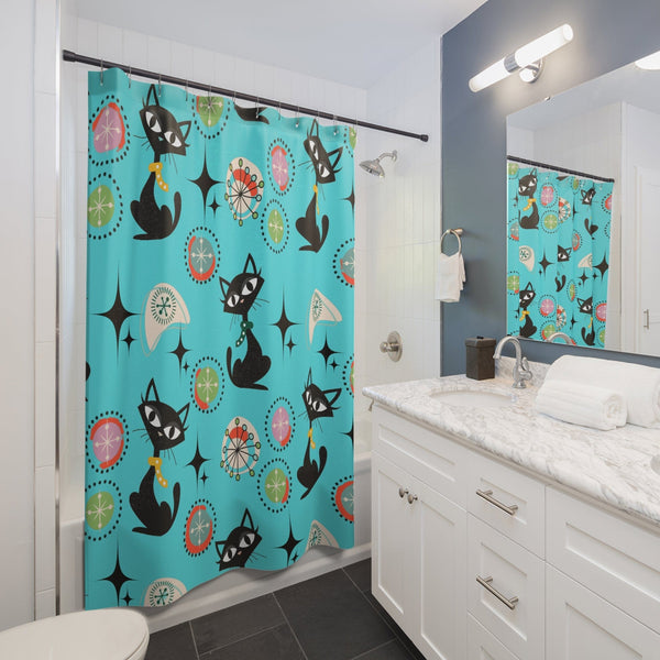Mid Century Modern Shower Curtain, Cute Atomic Kitsch Cats, Cat Mom, Black Cat Lover Retro Aqua Starburst Bath Decor