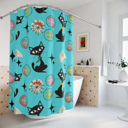 Mid Century Modern Shower Curtain, Cute Atomic Kitsch Cats, Cat Mom, Black Cat Lover Retro Aqua Starburst Bath Decor Home Decor 71&quot; × 74&quot;