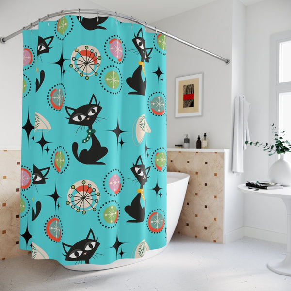 Mid Century Modern Shower Curtain, Cute Atomic Kitsch Cats, Cat Mom, Black Cat Lover Retro Aqua Starburst Bath Decor