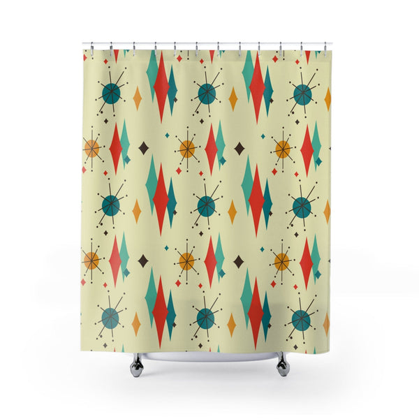 Mid Century Modern Shower Curtain, Franciscan Diamond Starburst Retro Beige, Yellow, Teal  MCM