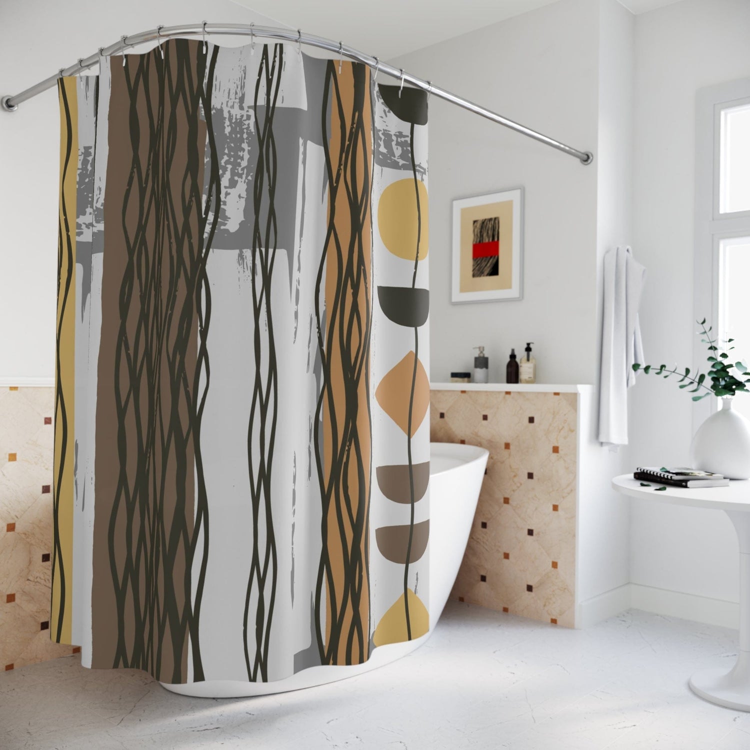 Mid Century Modern, Sleek Boho Retro Brown, Geometric Mid Modernist Shower Curtain Home Decor 71&quot; × 74&quot;