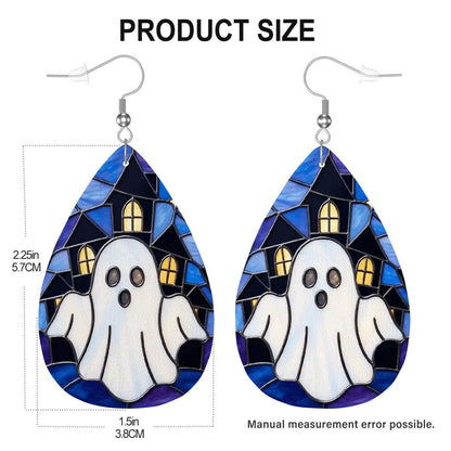 Halloween Stained Glass Style Ghost Haunted House Vegan Leather Teardrop Earrings