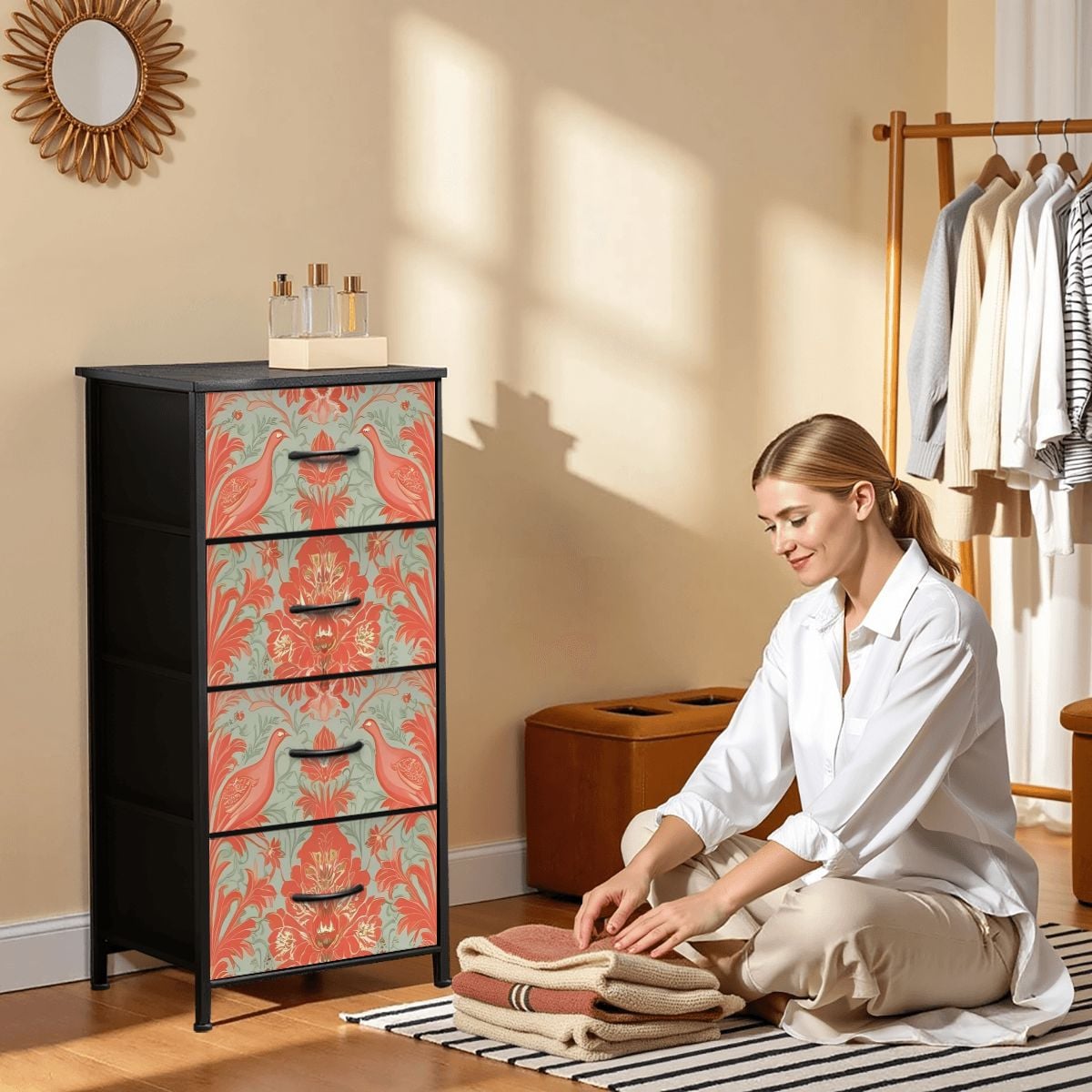 Chinoiserie Coral, Green Floral Botanicals Exotic Bird 4-Drawer Dresser - Mid Century Modern Gal