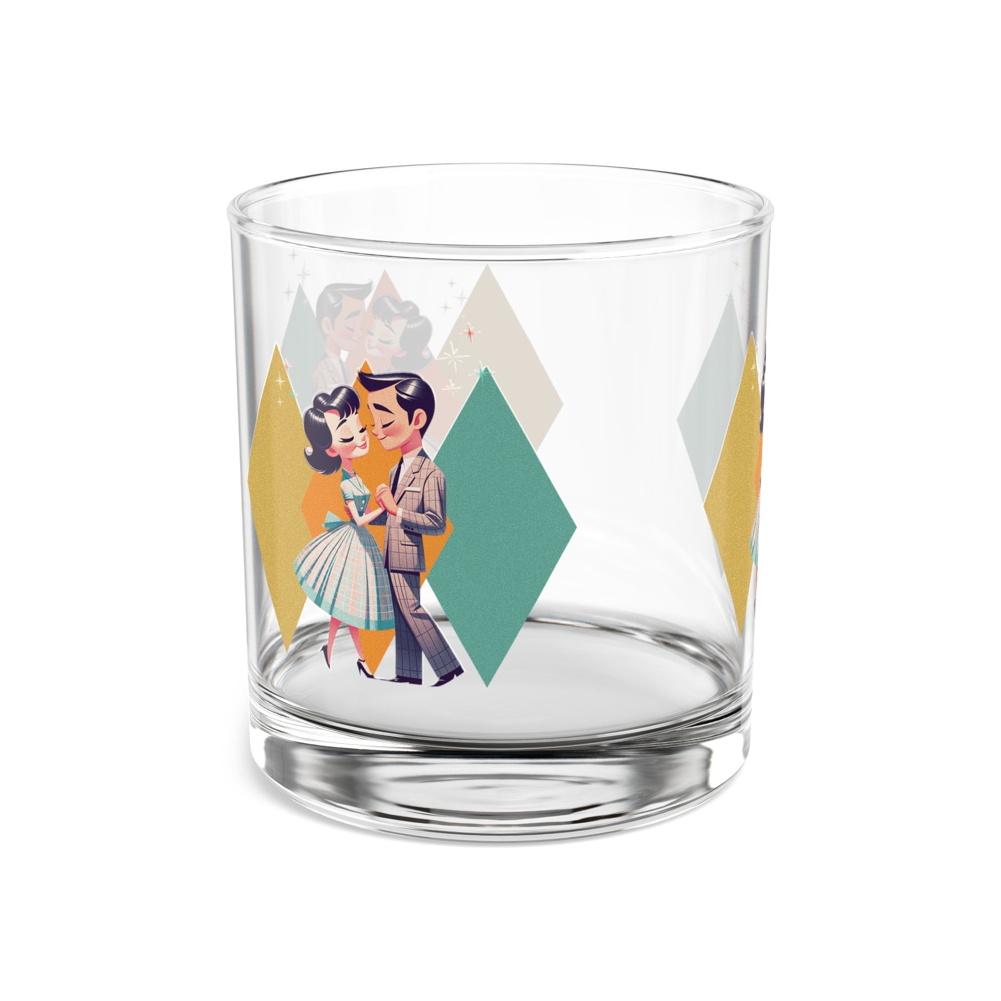 50s Mod Couple Bourbon Lover, Kitschy Cocktail Rocks Glass, 10oz