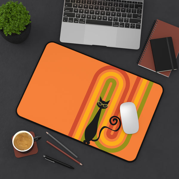 Atomic Cat Retro Orange Groovy Rainbow Mid Century Modern Desk Mat