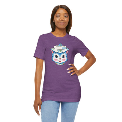 Mid Century Modern Kitschy Anthropomorphic Blue Cat with Floral Hat Unisex T-Shirt