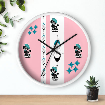 Mid Century Modern Atomic Pink Starburst Wall Clock with Cute Retro Mod Poodle Design - Mid Century Modern Gal