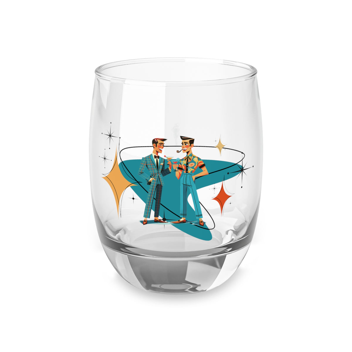 Mid Mod Gay Male Pals, LGBTQ Male Gay Couple Whiskey Glass - Mid Century Modern Gal