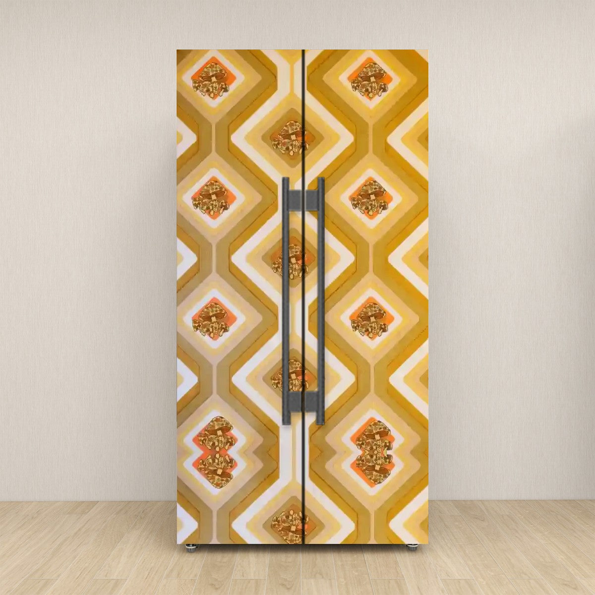 70s Harvest Gold, Merry Mushroom Retro Self Adhesive Refrigerator Wrap Set - Mid Century Modern Gal