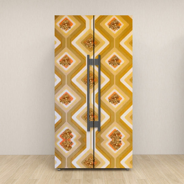 70s Harvest Gold, Merry Mushroom Retro Self Adhesive Refrigerator Wrap Set