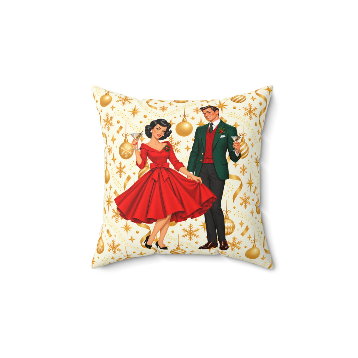 Mid Century Modern Christmas Party Martini Couple Pillow Insert and Cover