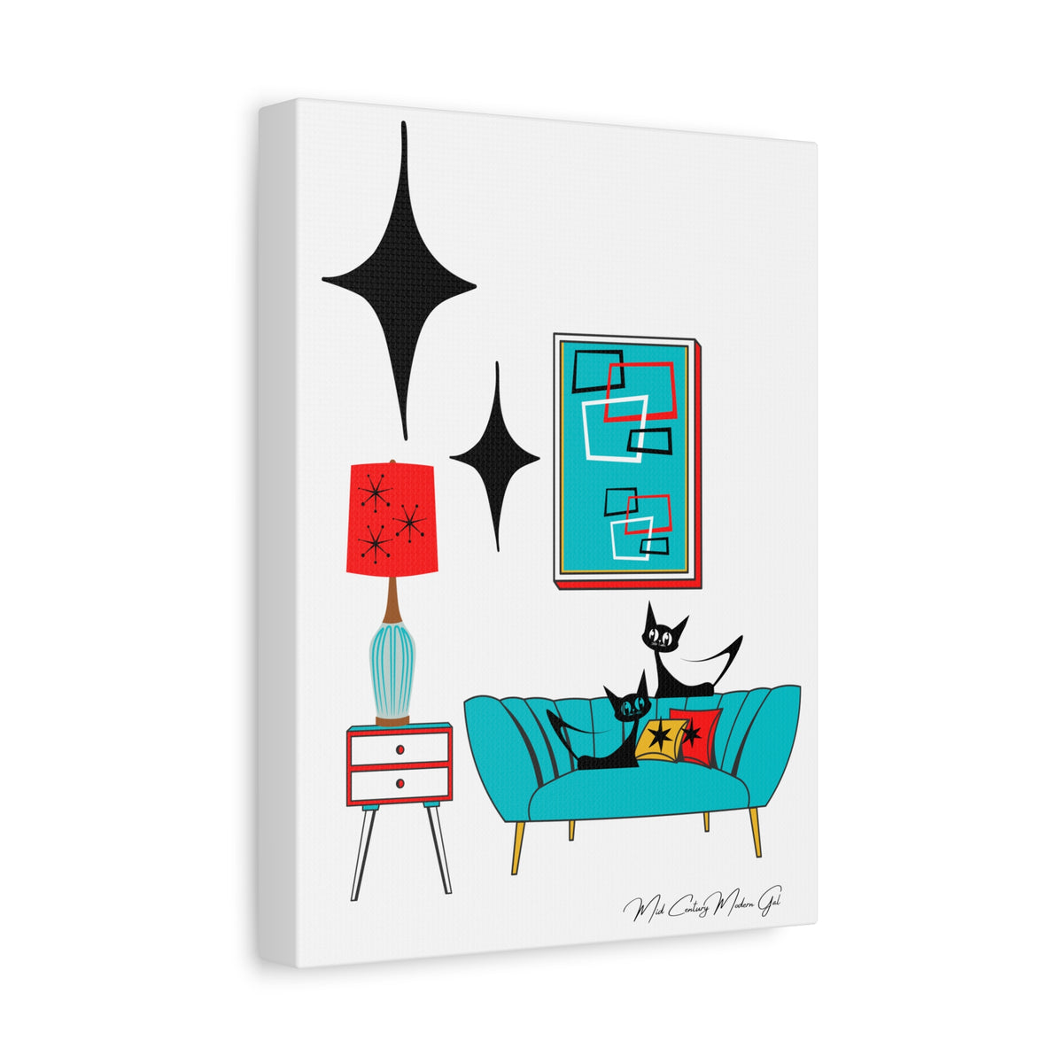 Mid Century Modern Wall Art, Atomic Cat Living Room Retro. Teal Blue, Red, Black Canvas Art - Mid Century Modern Gal