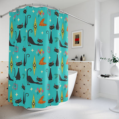 Atomic Cats Starbursts Boomerangs Kitschy Mod Retro Cat Shower Curtain - Mid Century Modern Gal