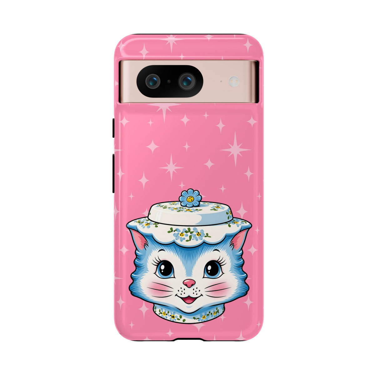 Mid Century Modern Kitschy Anthropomorphic Blue Cat with Floral Hat Tough Phone Case
