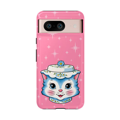 Mid Century Modern Kitschy Anthropomorphic Blue Cat with Floral Hat Tough Phone Case
