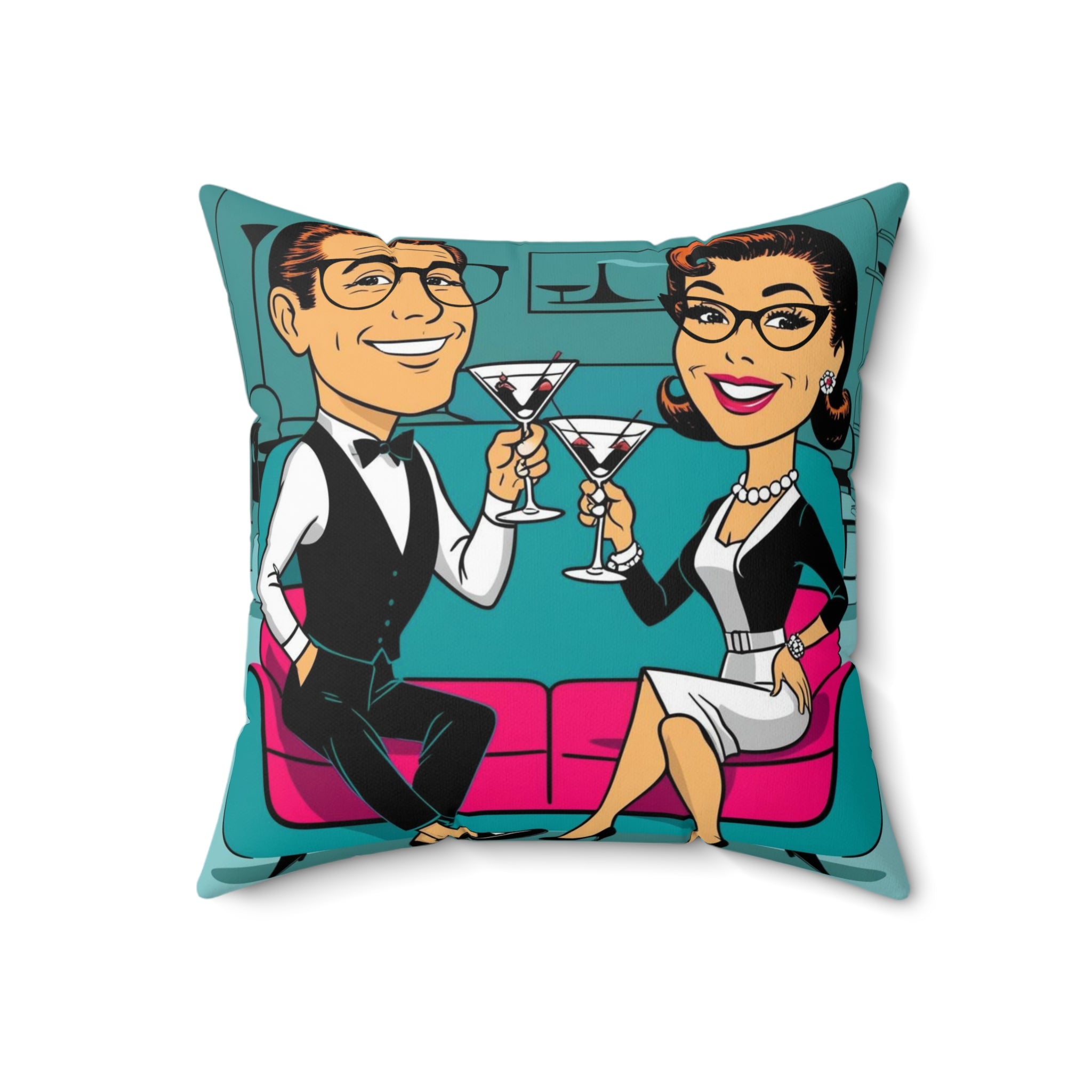 Mid Century Modern Kitschy Couple Cheers to Love Decorative Pillow - Vintage Style Couple with Cocktails - Mid Century Modern Gal