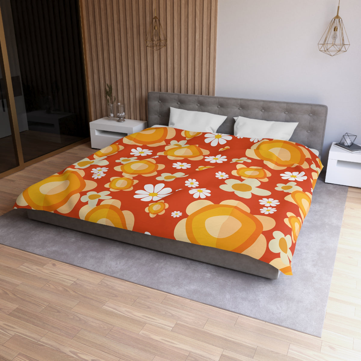 Retro Bedding Orange, White, Mod Daisy 70's Funky Groovy Hippie Queen Microfiber Duvet Cover - Mid Century Modern Gal