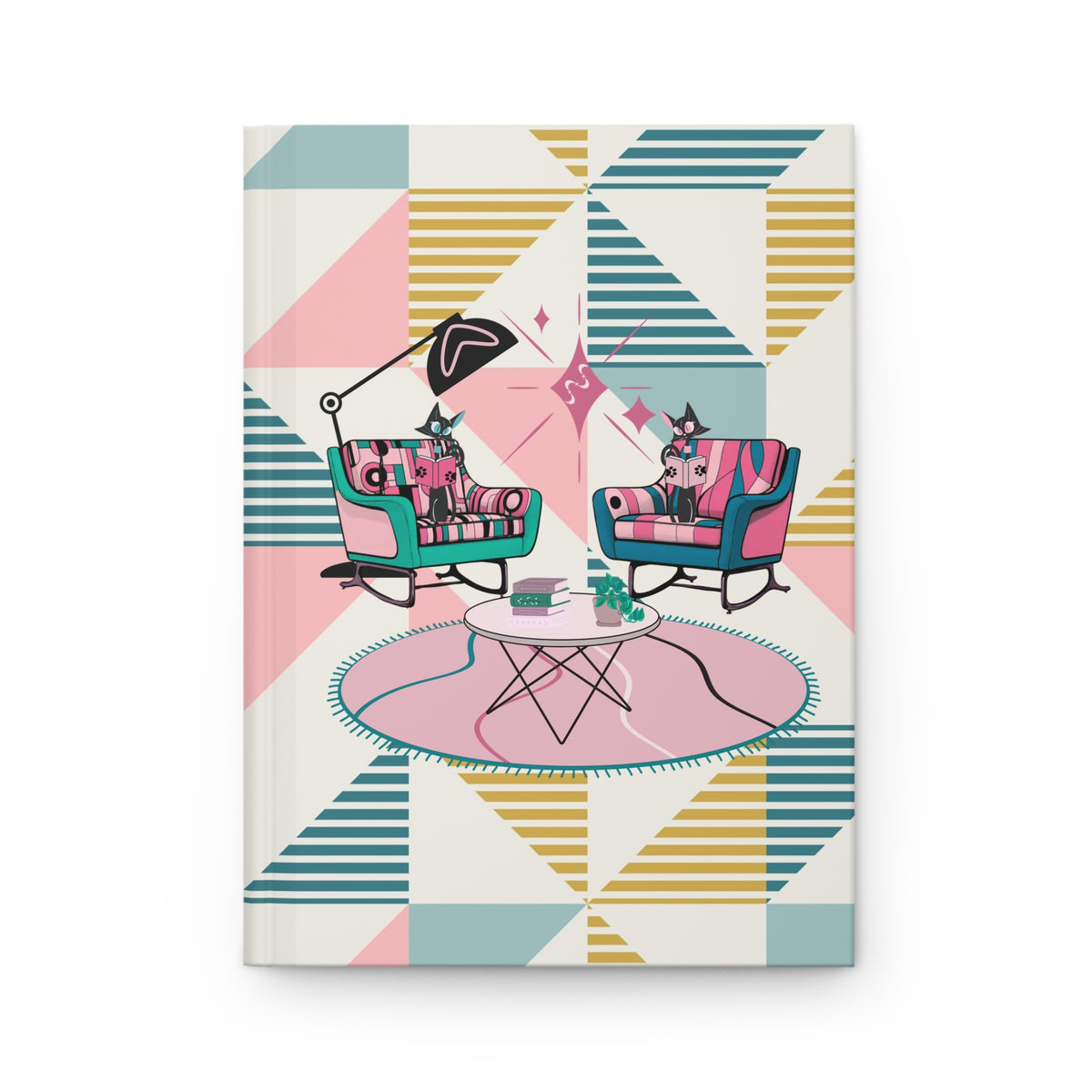 Reading Cats, Kitschy Mid Mod Geometric Patterned Hardcover Journal for Creative Thinking - Mid Century Modern Gal