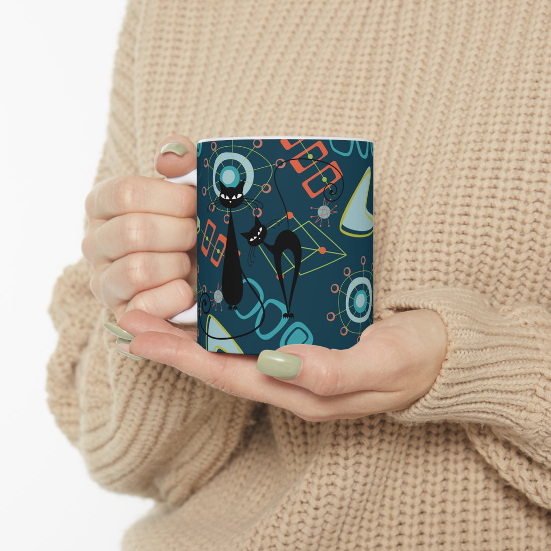 Atomic Cat Ceramic Mug, Space Age, Sputnik Designs Mid Century Modern, Blue, Aqua, Boomerangs, Coffee, Tea Drinkware