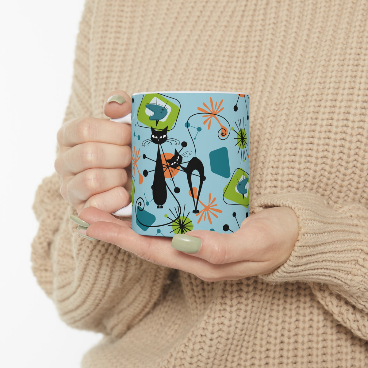 Atomic Cat Coffee Mug, Kitschy 50s Mid Century Modern Coffee, Tea, Blue, Green, Sputnik Starbursts Designs Ceramic Mug 11oz - Mid Century Modern Gal