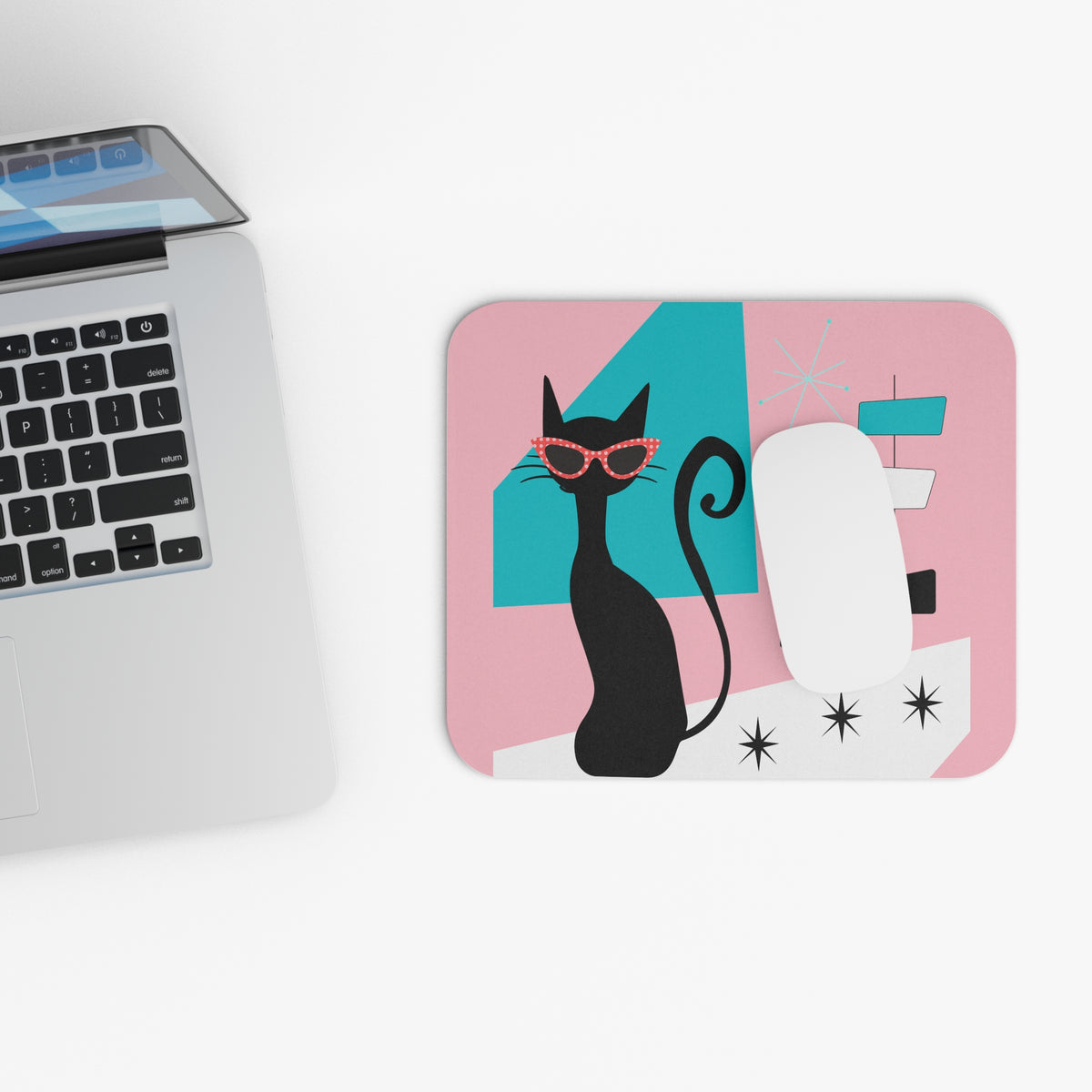 Atomic 50's Mod Cat, Retro Office, Desk Cubicle, Mid Mod, Pink, Aqua Blue, Mouse Pad (Rectangle) - Mid Century Modern Gal