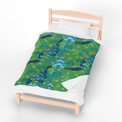 Chinoiserie Throw Blanket, Green, Blue Serene Garden Velveteen Plush Blanket - Cozy Floral Design - Mid Century Modern Gal
