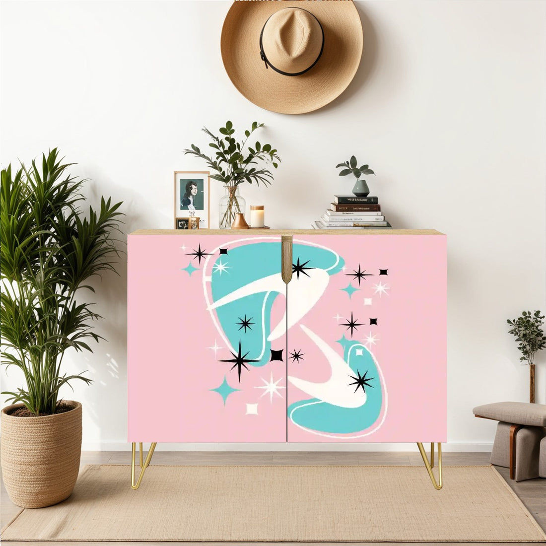 Mid Century Modern Credenza, Atomic 50s Pink, Aqua Boomerang Starbursts Designed - Mid Century Modern Gal