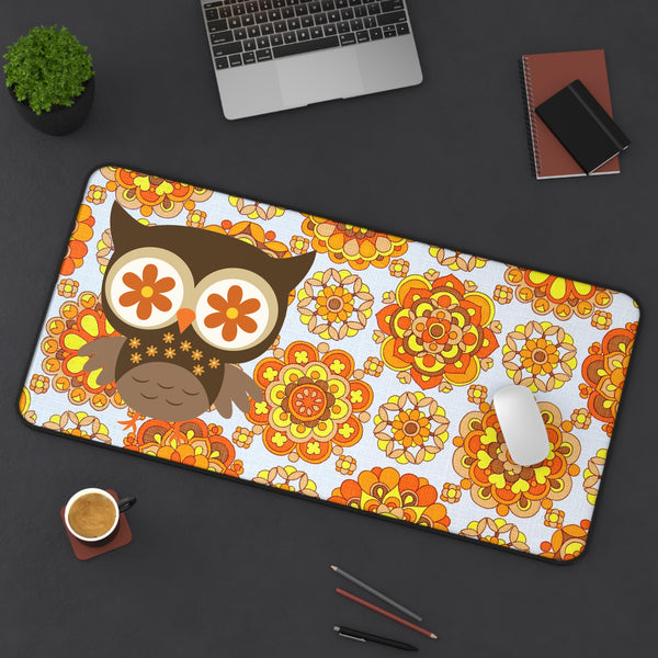 70's Vintage Pattern Orange, Yellow, Retro Owl, Flower Power Groovy Desk Mat