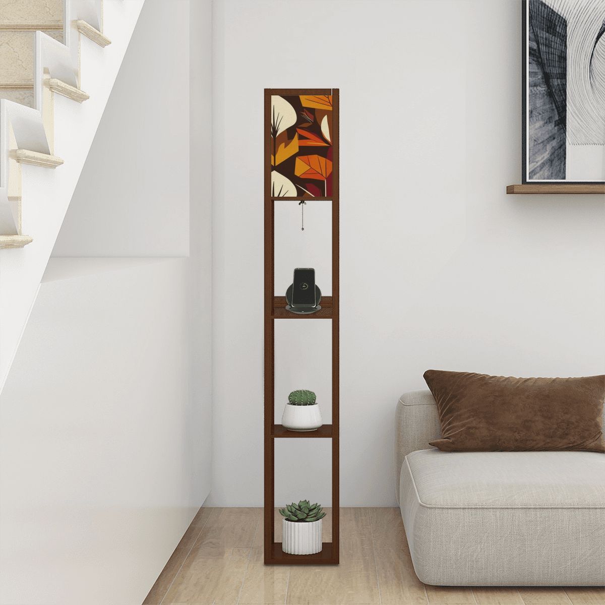 Modern Scandinavian Floral Harvest Blend Golden Yellow, Orange Mid Mod Floor Lamp with Shelves - Mid Century Modern Gal