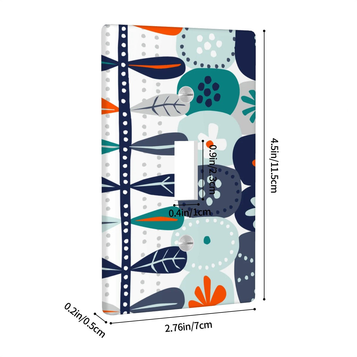 Modern Danish Scandinavian Floral Designed Blue, Teal, Orange White Switch Cover 1-Gang 1 Toggle - Mid Century Modern Gal