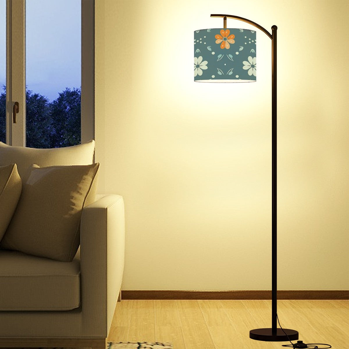 Mid Century Modern Scandinavian Blue, Orange Cram Retro Floral Arc Floor Lamp - Mid Century Modern Gal