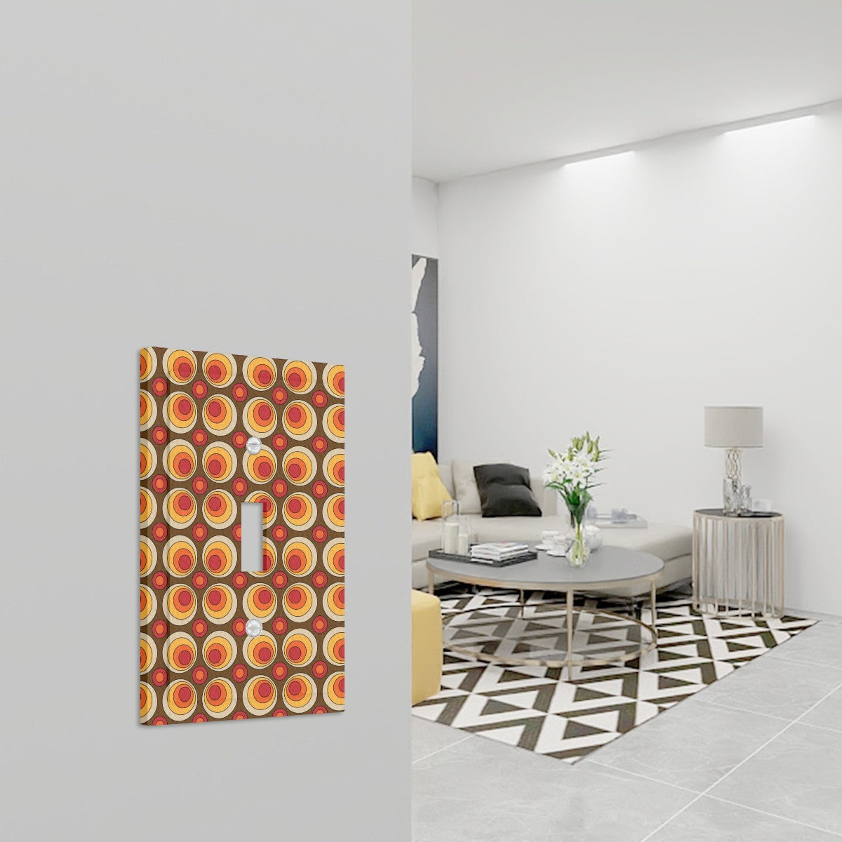 Retro Groovy Space Orbs, Orange Brown Faux Leather Texture Switch Cover 1-Gang 1 Toggle - Mid Century Modern Gal