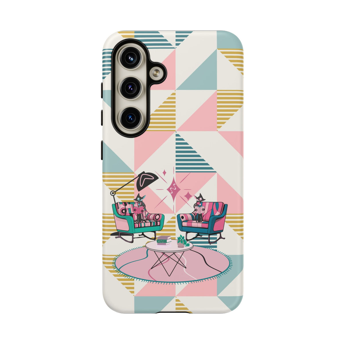 Atomic Cats Reading, Book Talk, Book Lover, Retro Chic Phone Case with Retro Vibe - Cozy Living Room Design - Mid Century Modern Gal