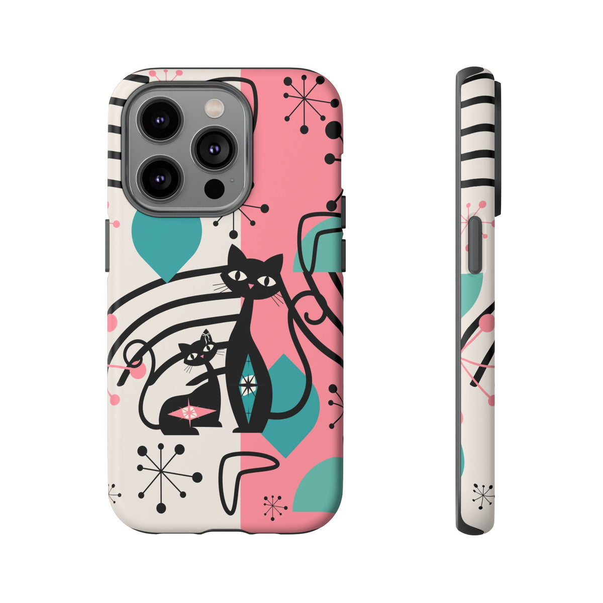 Mid Mod Atomic Cat Boomerang Starburst, Pink, Black Kitschy Stylish Cat Phone Case: Modern Design for Cat Lovers - Mid Century Modern Gal