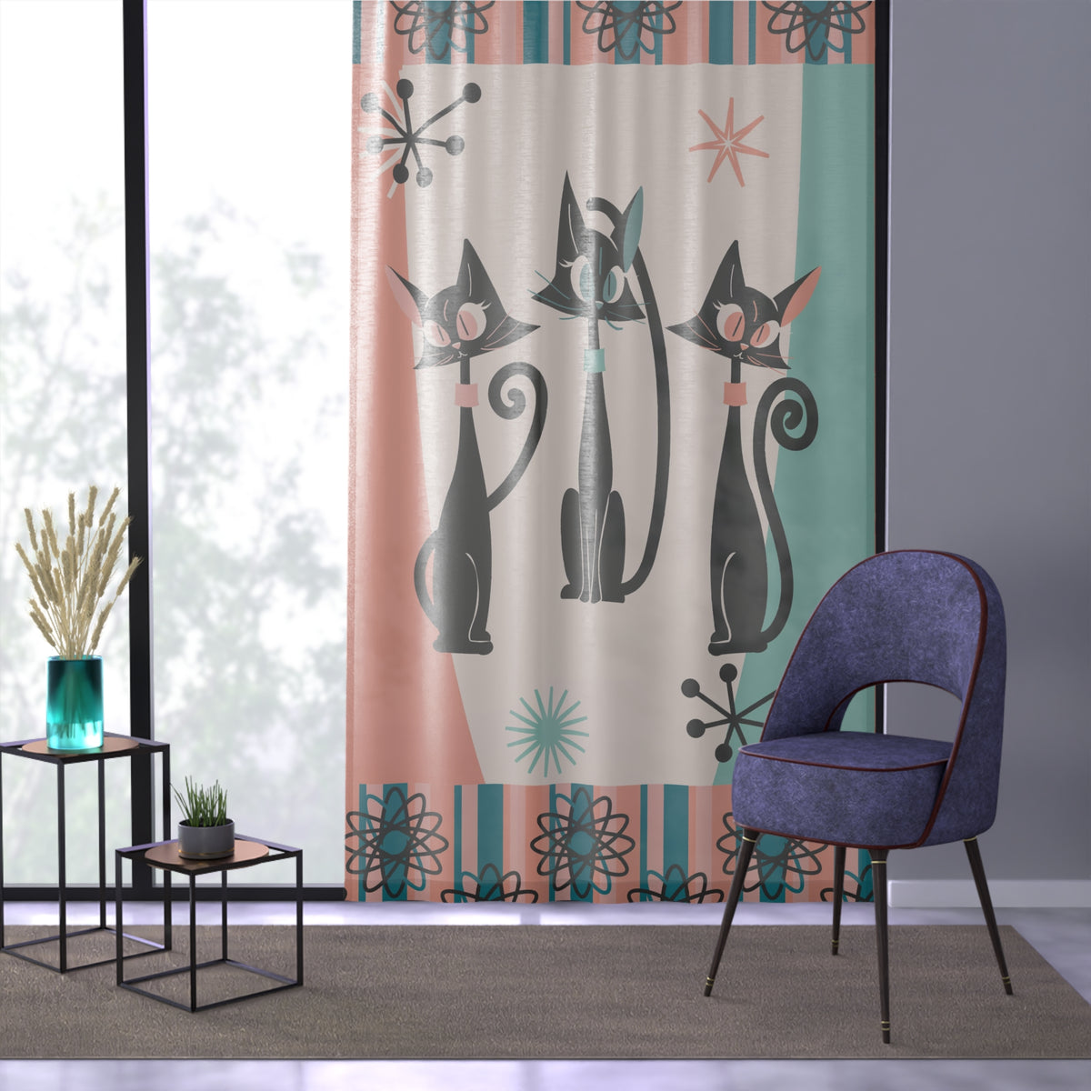 Atomic Kittie Cats, Mid Century Modern Aqua Blue, Pink,  Space Atom Kitschy Quirky Fun Designed Sheer Window Curtain - Mid Century Modern Gal