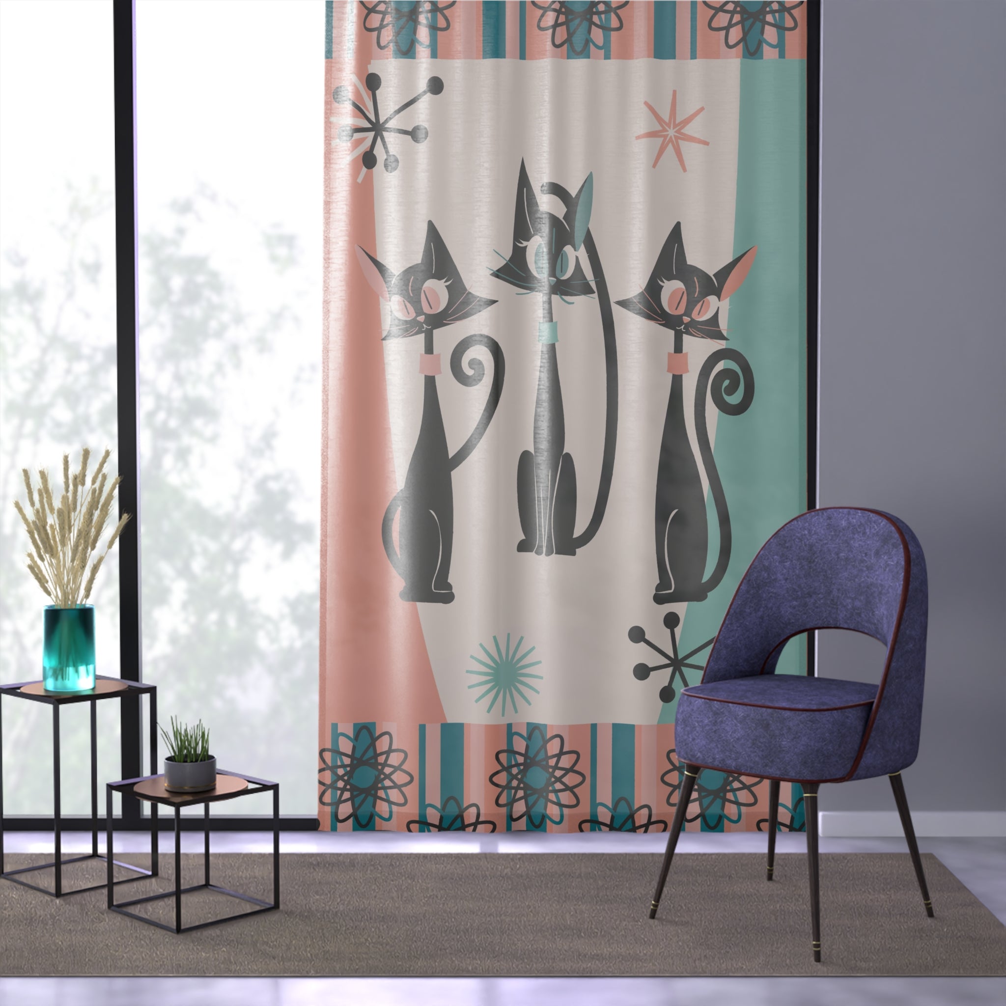 Atomic Kittie Cats, Mid Century Modern Aqua Blue, Pink,  Space Atom Kitschy Quirky Fun Designed Sheer Window Curtain