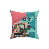 Atomic Cat Quirky Retro Rotary Phone, Kitschy Mid Mod, Pink, Aqua, Teal Broadcloth Pillow - Mid Century Modern Gal