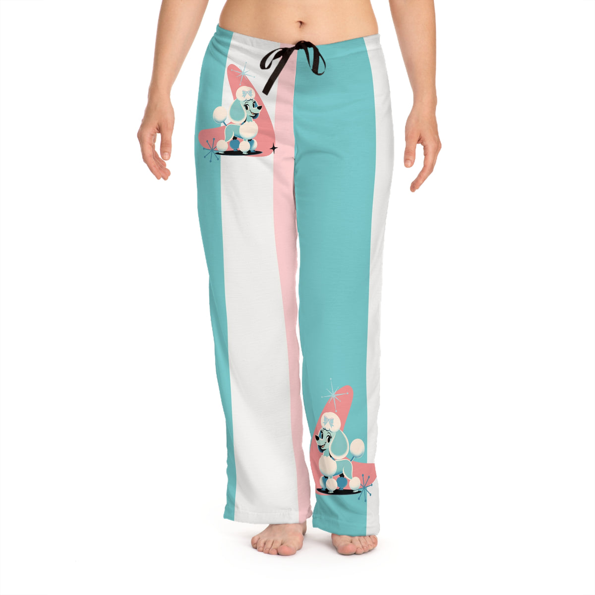 50s Poodle Retro Mid Mod Lounge Pants, Pink, Aqua, White Comfy Women's Pajama Pants - Mid Century Modern Gal