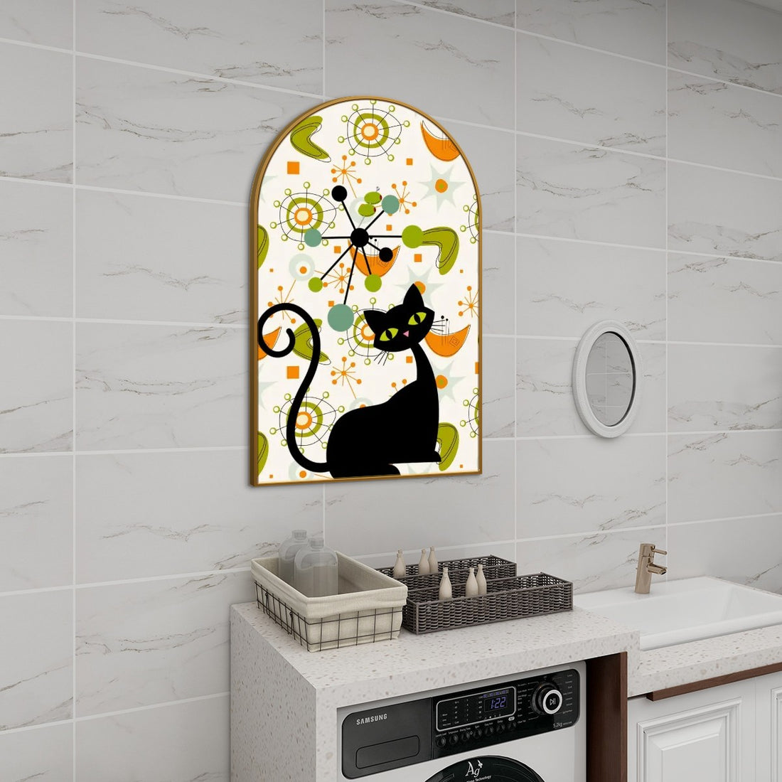 Atomic Cat Mid Century Modern Green, Orange Boomerang RetroArched Canvas Print - Mid Century Modern Gal