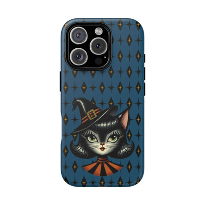Vintage Halloween Black Cat Sexy Sexton Mid Century Modern Blue Tough Phone Case